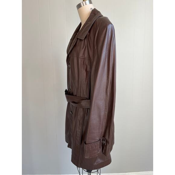Vintage 60s 70s Brown Leather Short Trench Coat Jacket Belted XL Made in USA - Picture 4 of 16